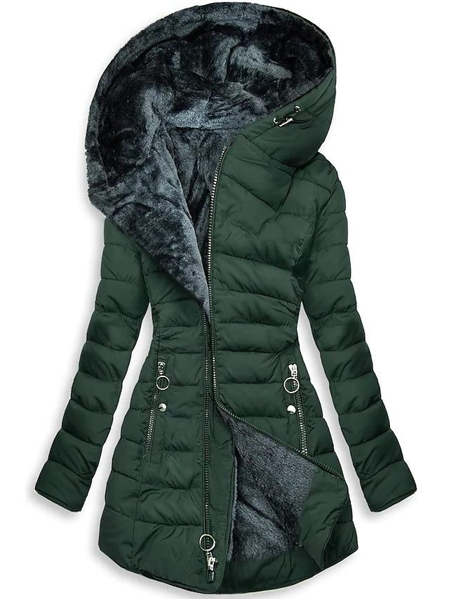 Longline Puffer Jacket with Faux Fur Hood for Women - Gray