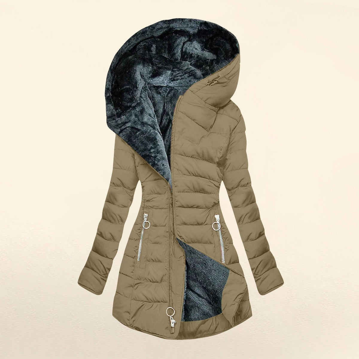 Longline Puffer Jacket with Faux Fur Hood for Women - Khaki