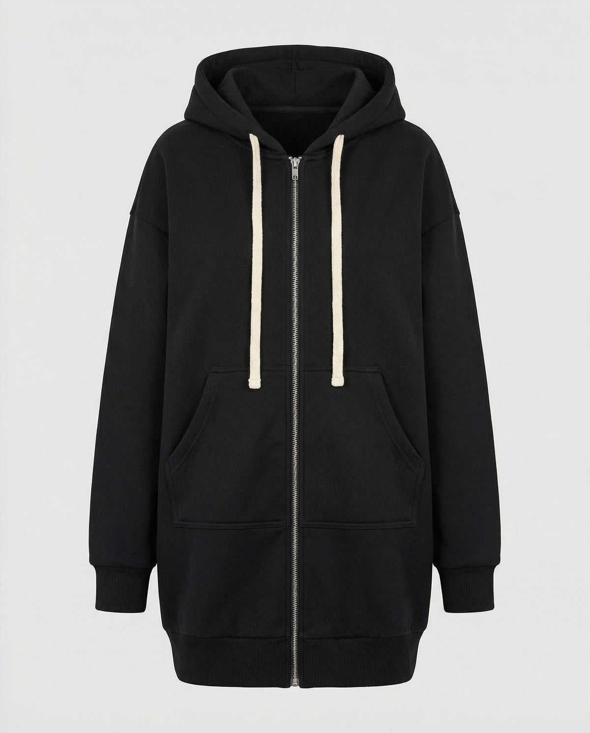 Longline Zip-Up Hoodie for Women - Black