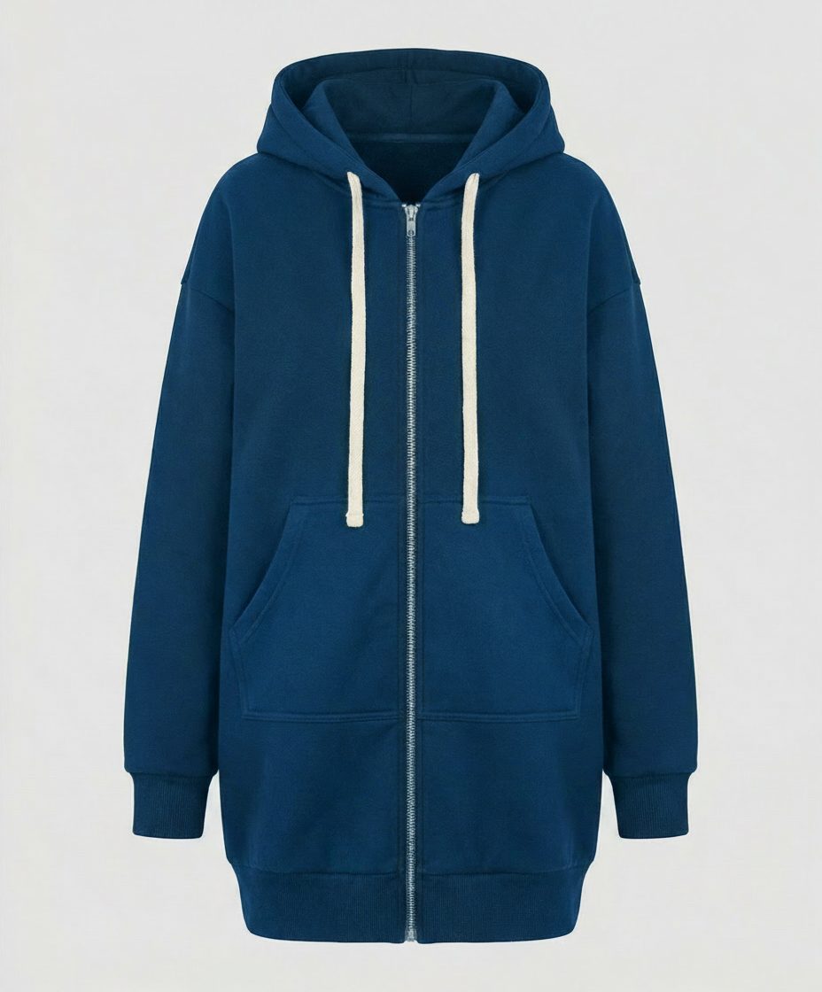 Longline Zip-Up Hoodie for Women - Blue