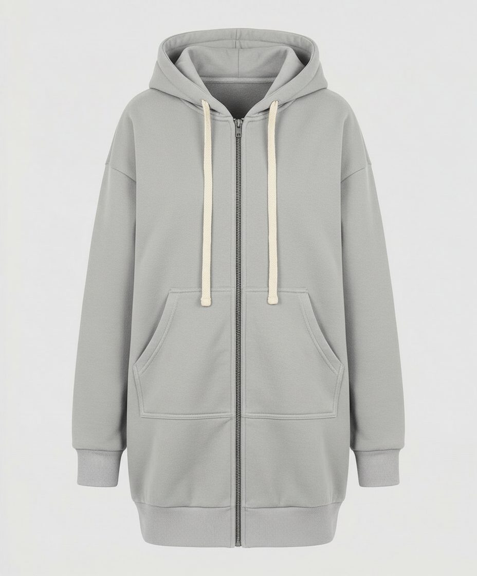 Longline Zip-Up Hoodie for Women - Grey