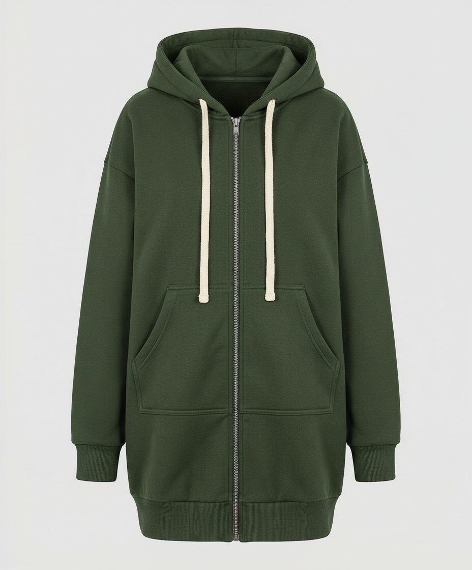Longline Zip-Up Hoodie for Women - Green