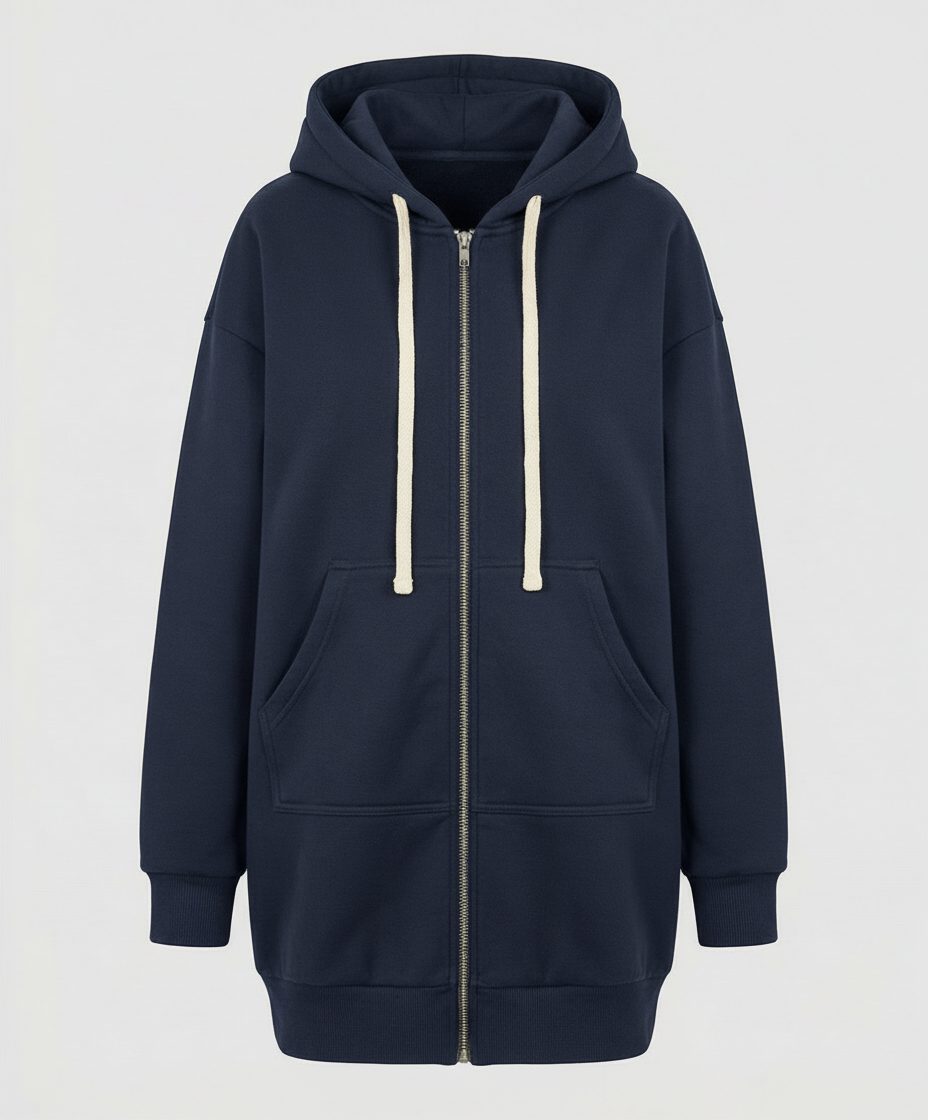 Longline Zip-Up Hoodie for Women - Dark Blue