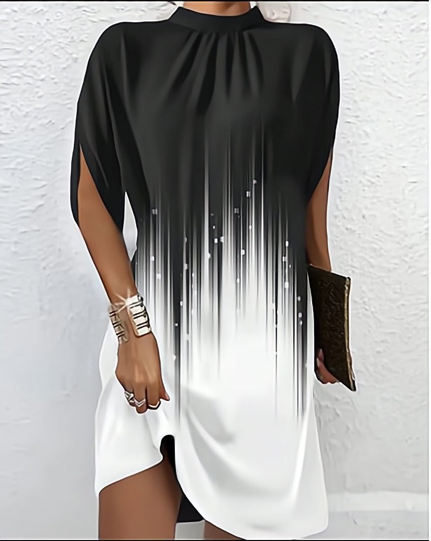 Loose Fit Short Sleeve Shift Dress for Women - Black & White