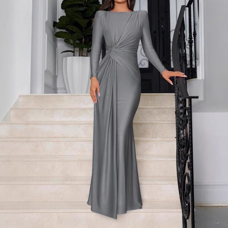 Maxi Dress with Gathered Waist and Long Sleeves for Women