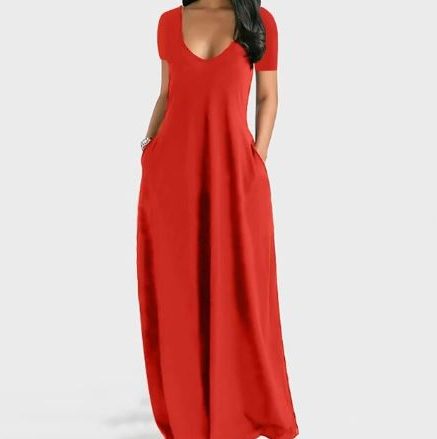 Maxi Dress with V-Neck and Short Sleeves for Women