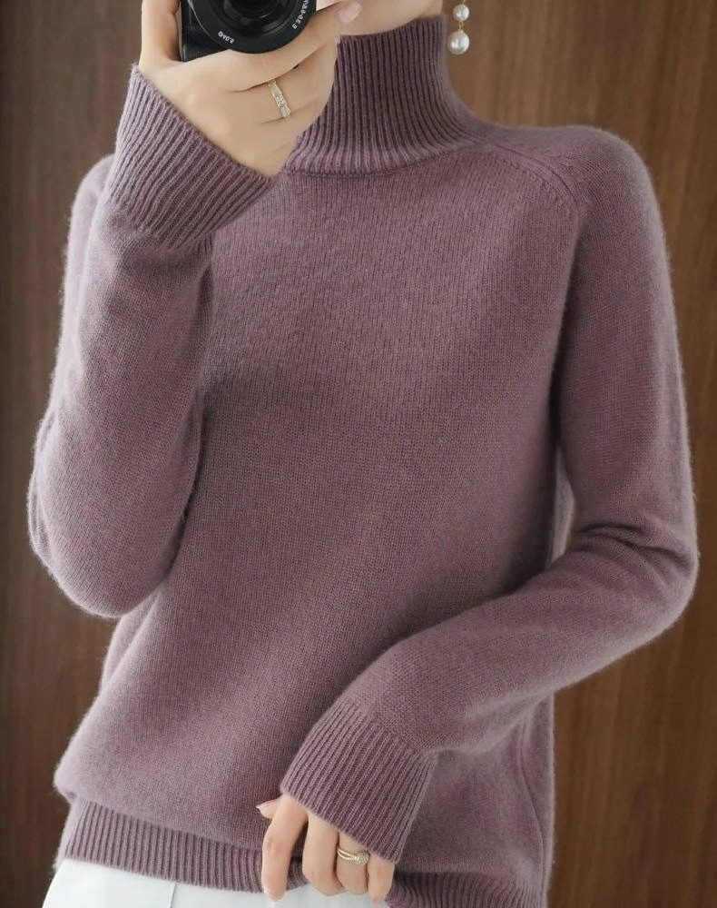 Merino Wool Ribbed Knit Roll Neck Jumper for Women
