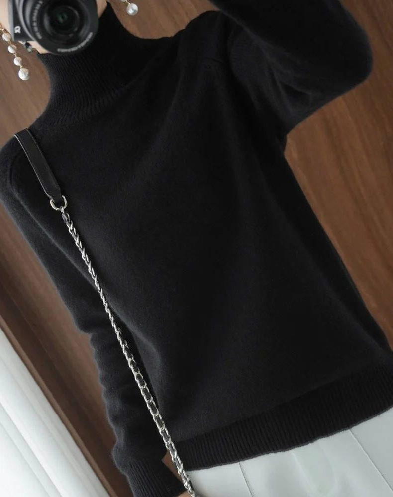 Merino Wool Ribbed Knit Roll Neck Jumper for Women - Black