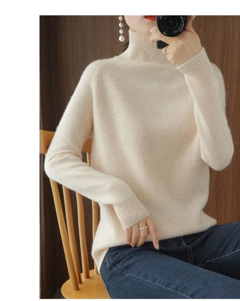 Merino Wool Ribbed Knit Roll Neck Jumper for Women - View 6