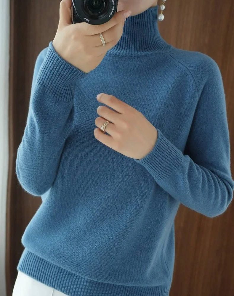 Merino Wool Ribbed Knit Roll Neck Jumper for Women - Blue