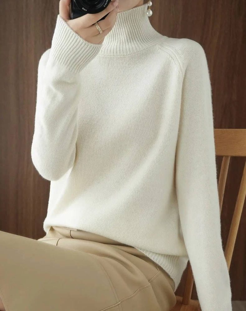 Merino Wool Ribbed Knit Roll Neck Jumper for Women - White