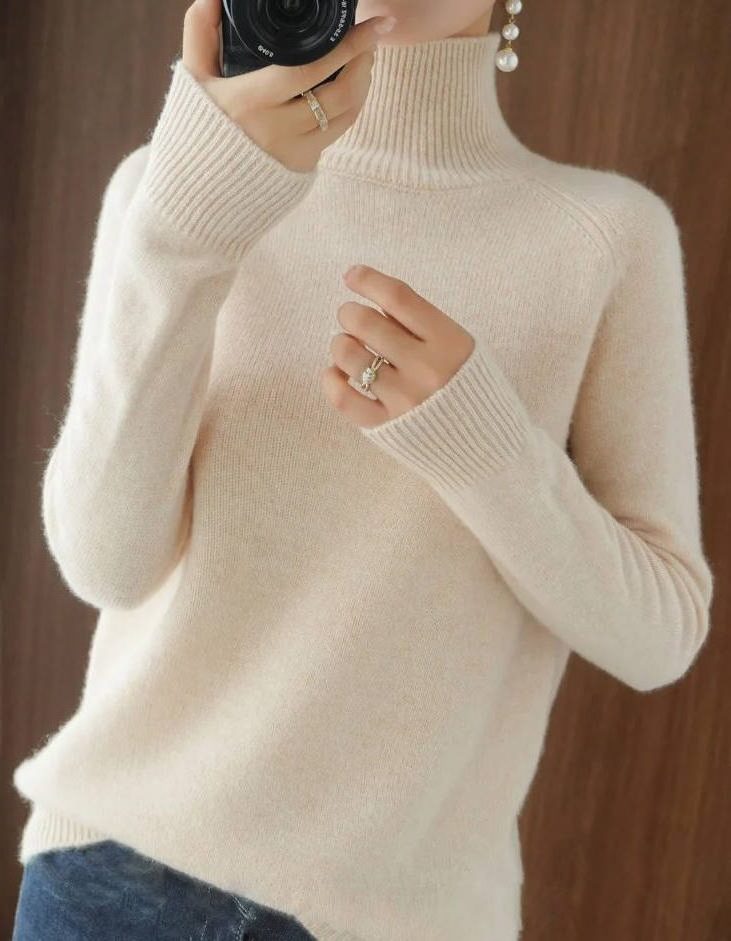 Merino Wool Ribbed Knit Roll Neck Jumper for Women - Beige