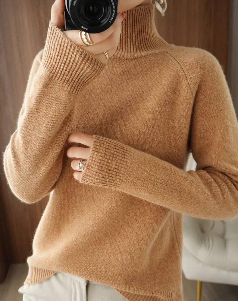 Merino Wool Ribbed Knit Roll Neck Jumper for Women - Gold