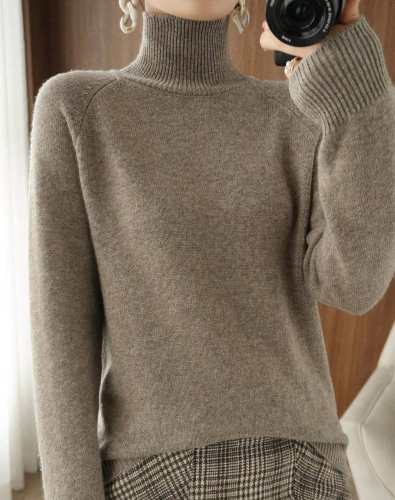 Merino Wool Ribbed Knit Roll Neck Jumper for Women - Camel