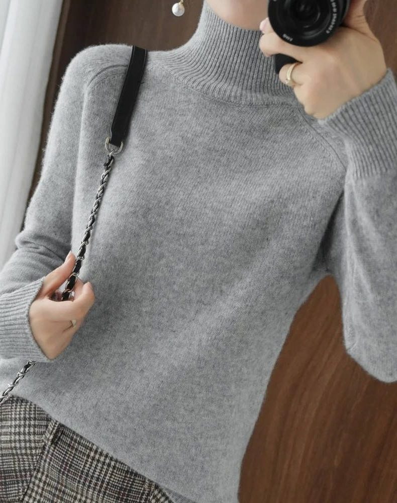 Merino Wool Ribbed Knit Roll Neck Jumper for Women - Grey