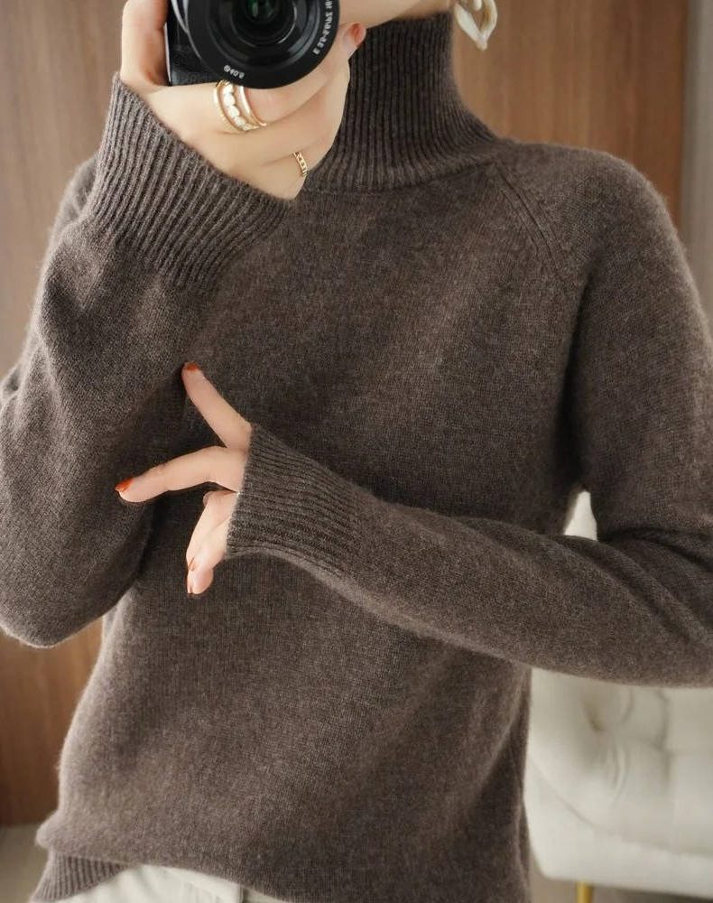 Merino Wool Ribbed Knit Roll Neck Jumper for Women - Coffee