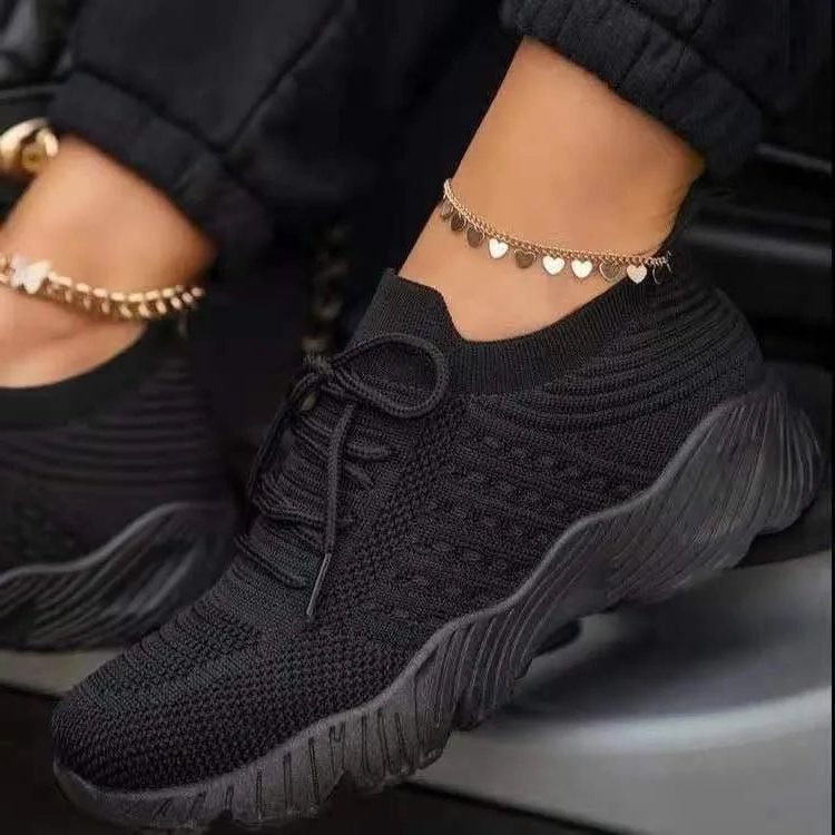 Mesh Knit Lace-Up Sneakers for Women - Black