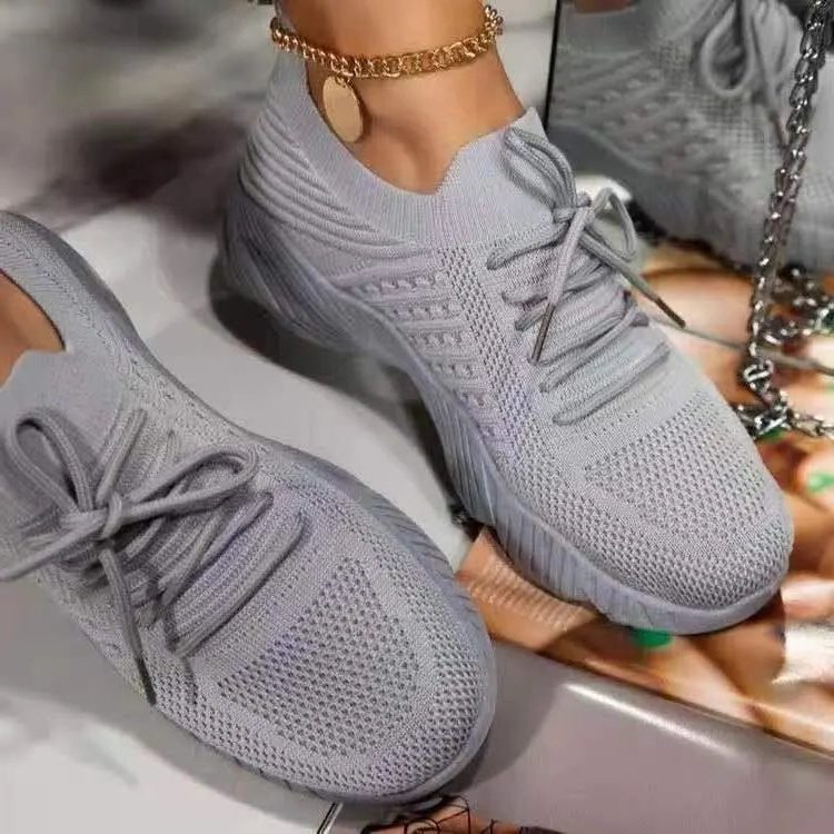 Mesh Knit Lace-Up Sneakers for Women - Gray