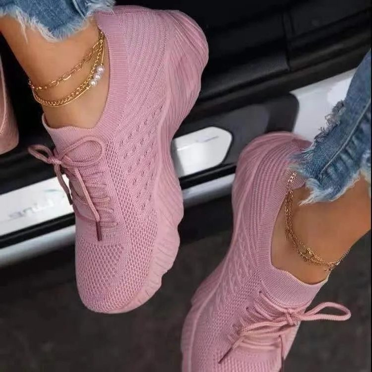 Mesh Knit Lace-Up Sneakers for Women - Pink