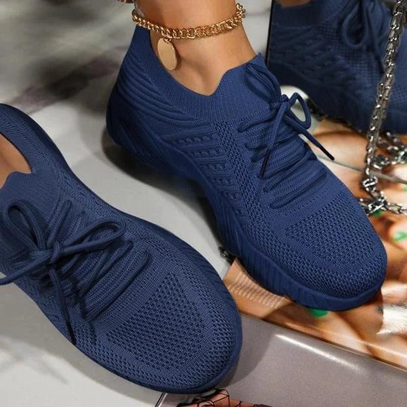 Mesh Knit Lace-Up Sneakers for Women - Blue