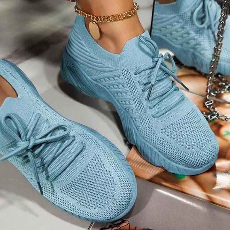Mesh Knit Lace-Up Sneakers for Women - Light Blue