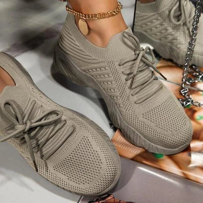 Mesh Knit Lace-Up Sneakers for Women - Khaki