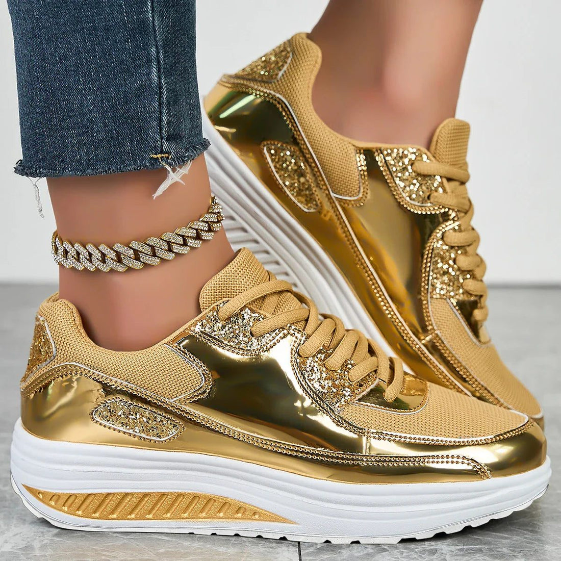 Metallic Platform Sneakers with Rhinestone Details for Women