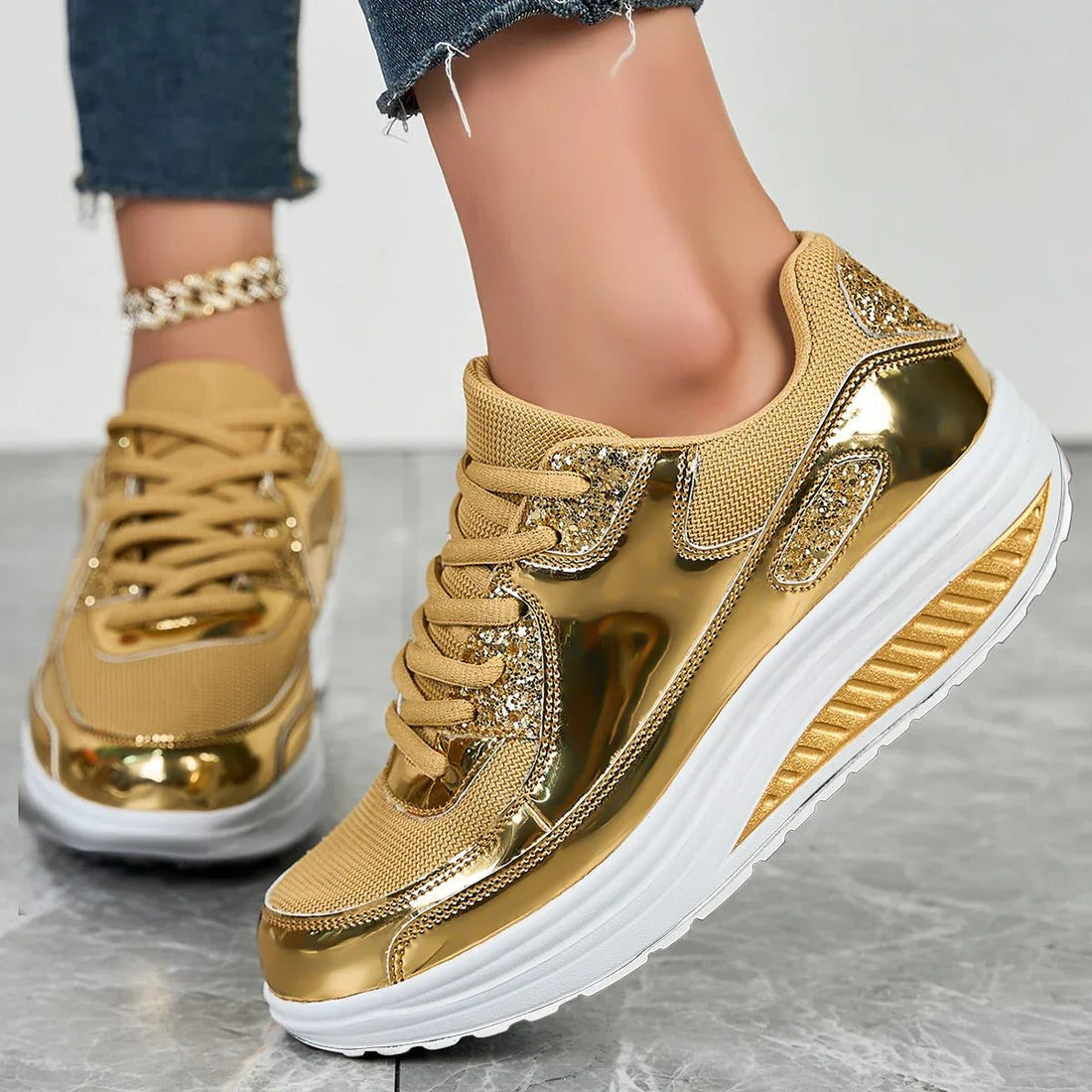 Metallic Platform Sneakers with Rhinestone Details for Women