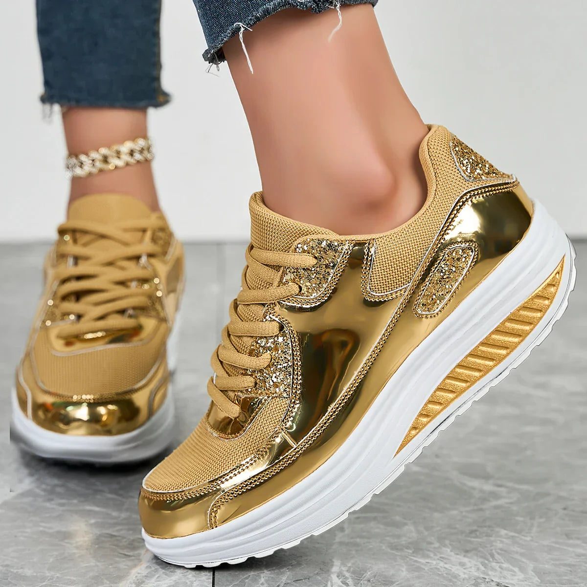 Metallic Platform Sneakers with Rhinestone Details for Women - View 2