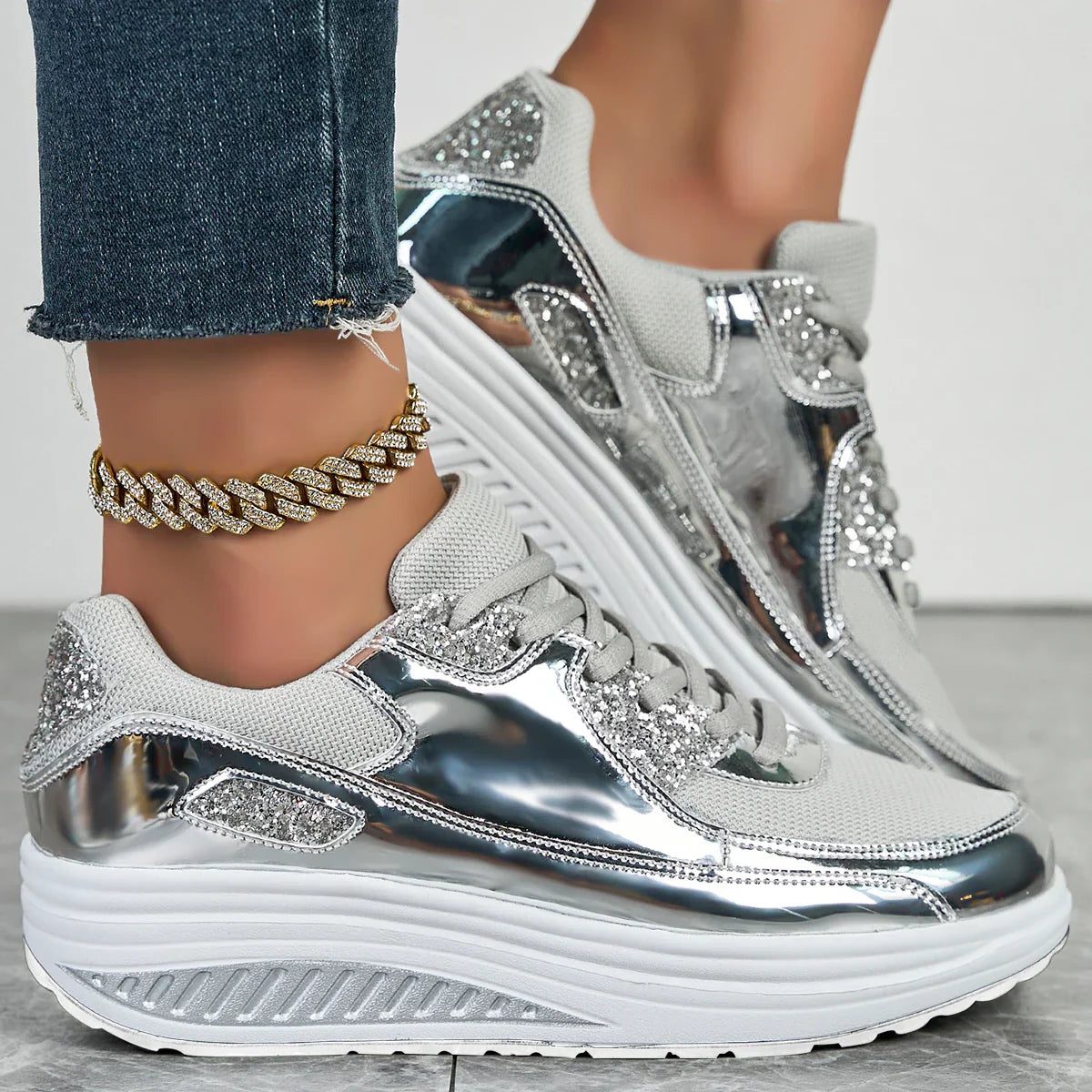 Metallic Platform Sneakers with Rhinestone Details for Women - Silver