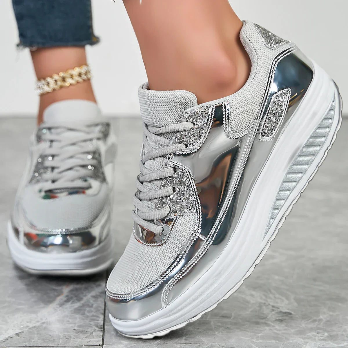 Metallic Platform Sneakers with Rhinestone Details for Women - View 4