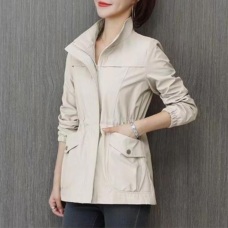 Mid-Length Casual Jacket with Welt Pockets for Women - Beige