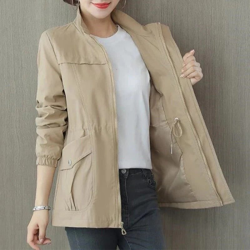 Mid-Length Casual Jacket with Welt Pockets for Women - Khaki