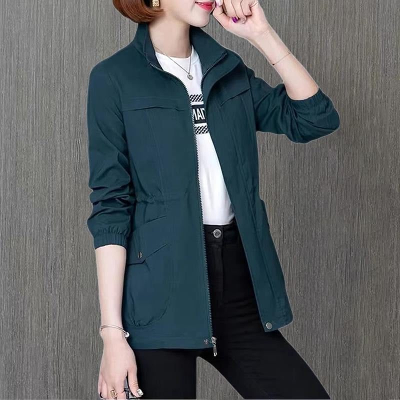 Mid-Length Casual Jacket with Welt Pockets for Women - Blue