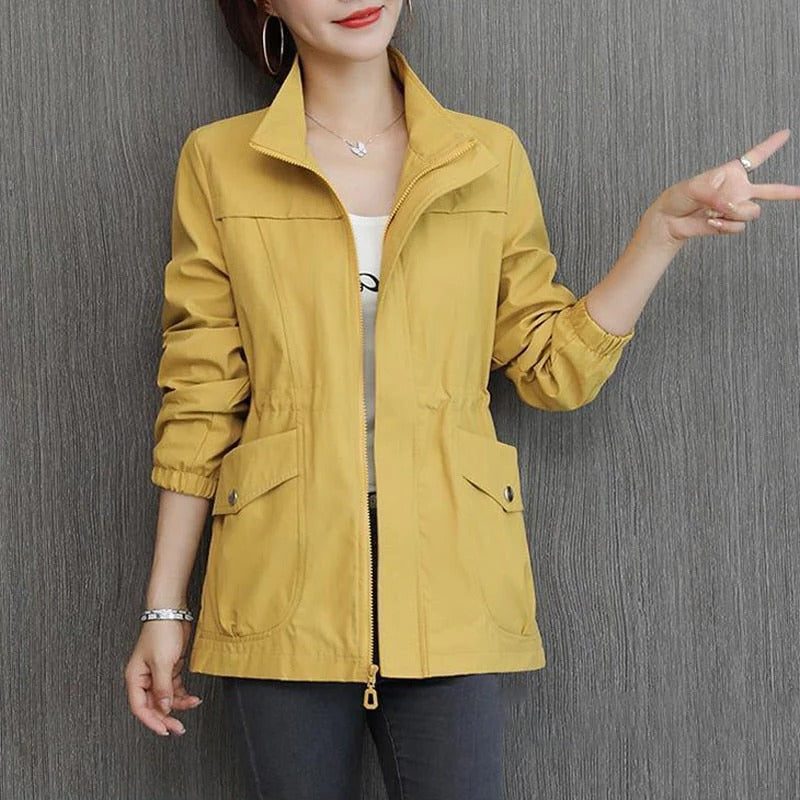 Mid-Length Casual Jacket with Welt Pockets for Women - Yellow
