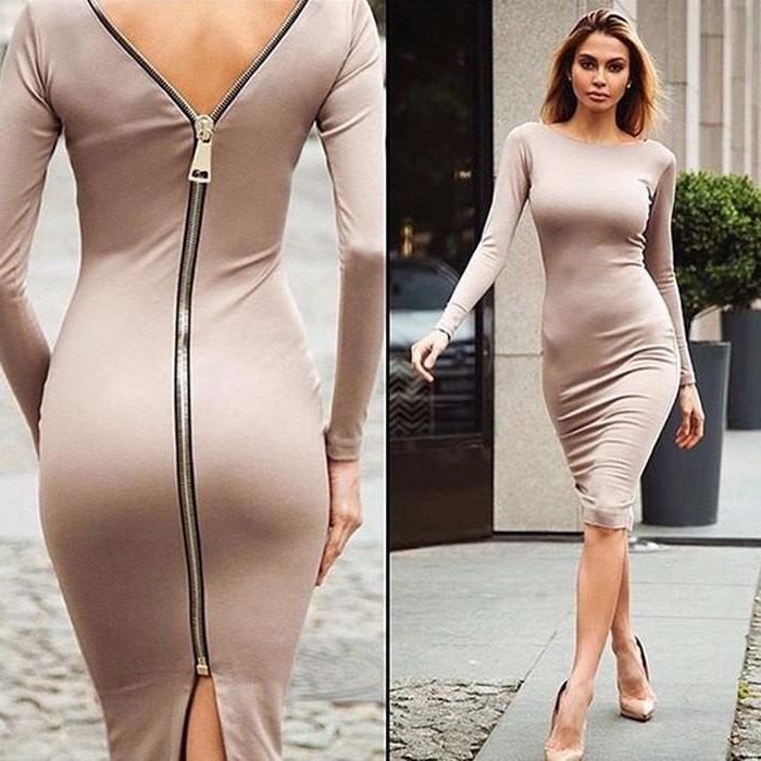 Midi Pencil Dress with Long Sleeves and Back Zip for Women
