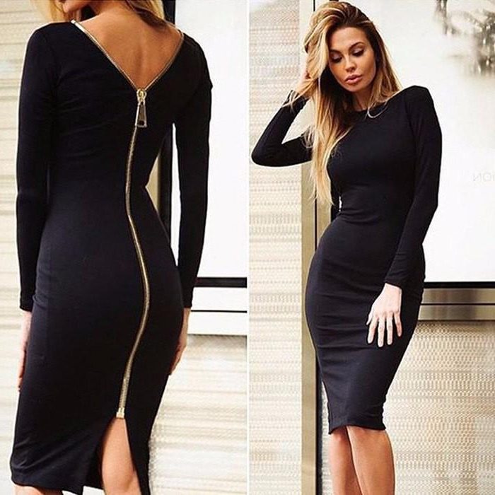 Midi Pencil Dress with Long Sleeves and Back Zip for Women