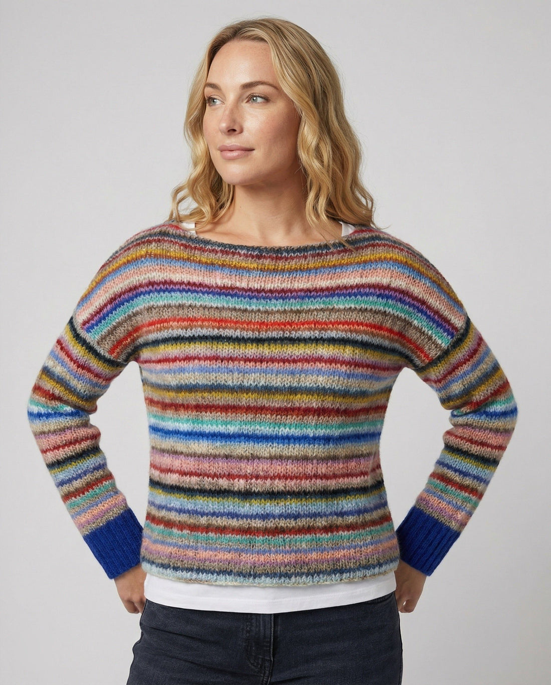 Multicolor Striped Crew Neck Sweater for Women