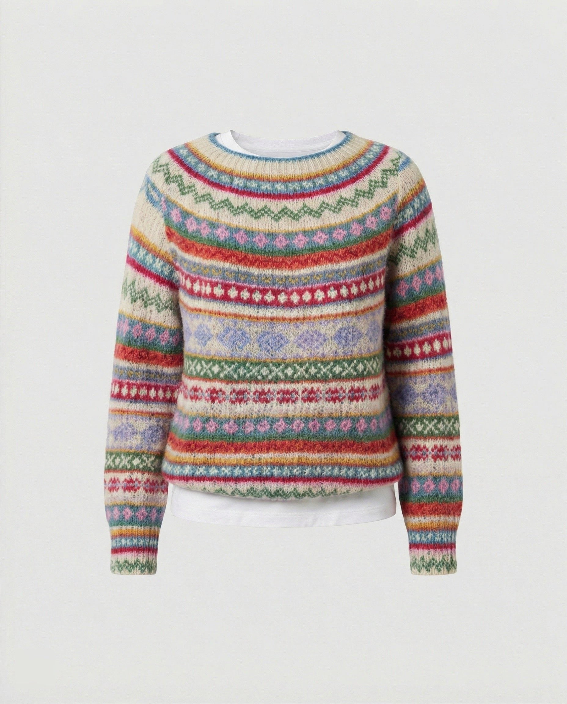 Multicolor Striped Crew Neck Sweater for Women - White