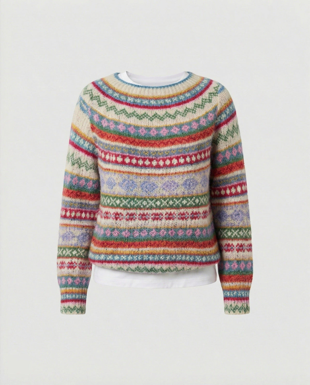 Multicolor Striped Crew Neck Sweater for Women - White