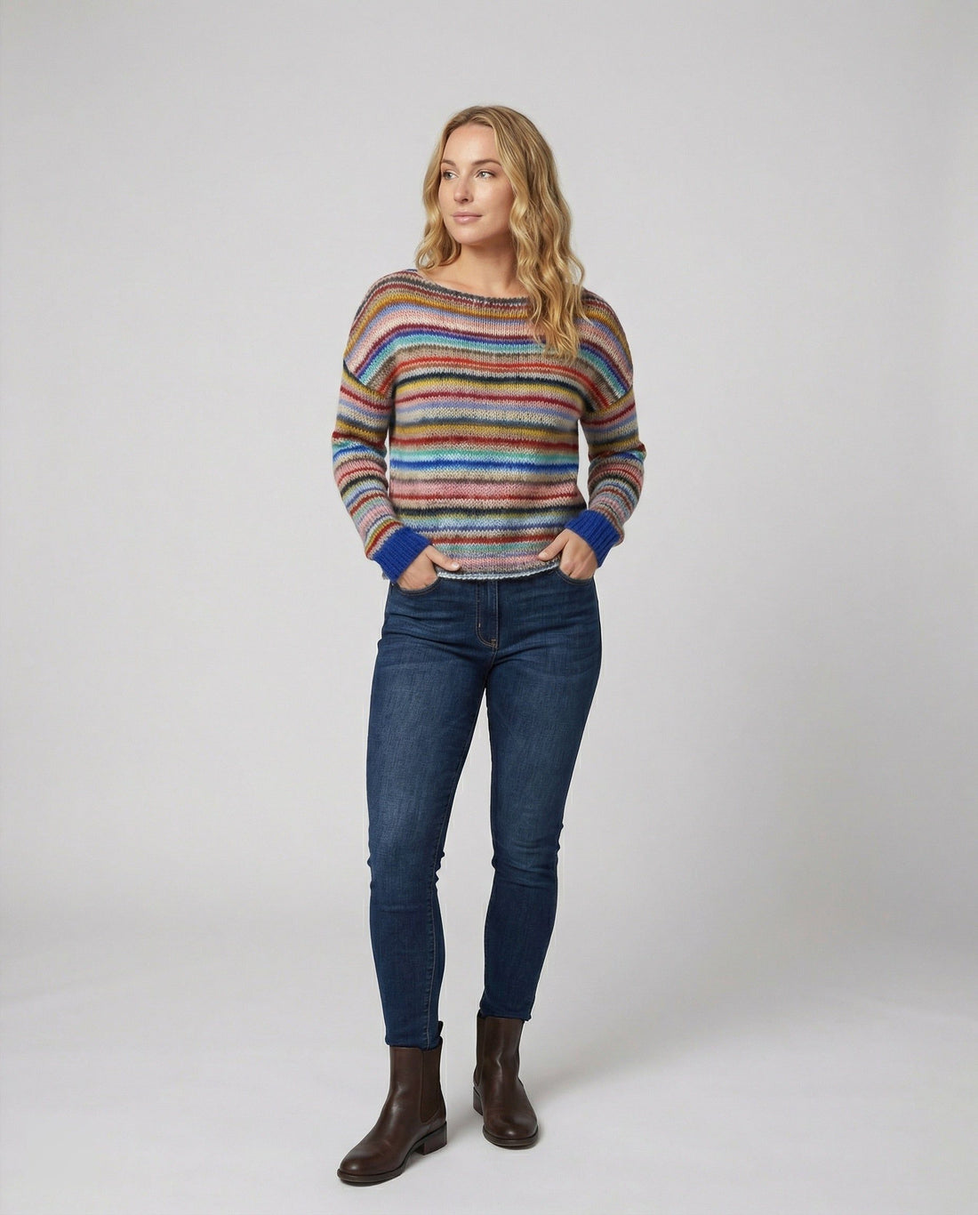 Multicolor Striped Crew Neck Sweater for Women