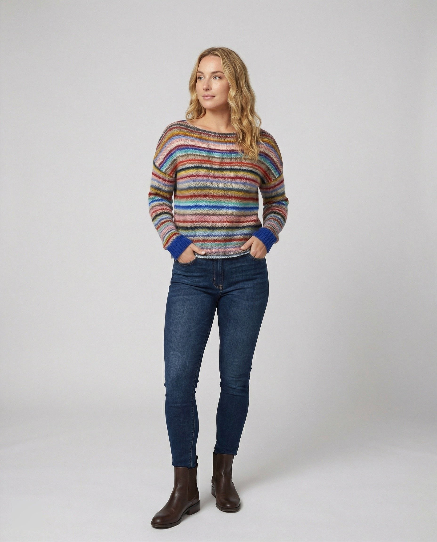Multicolor Striped Crew Neck Sweater for Women - View 2