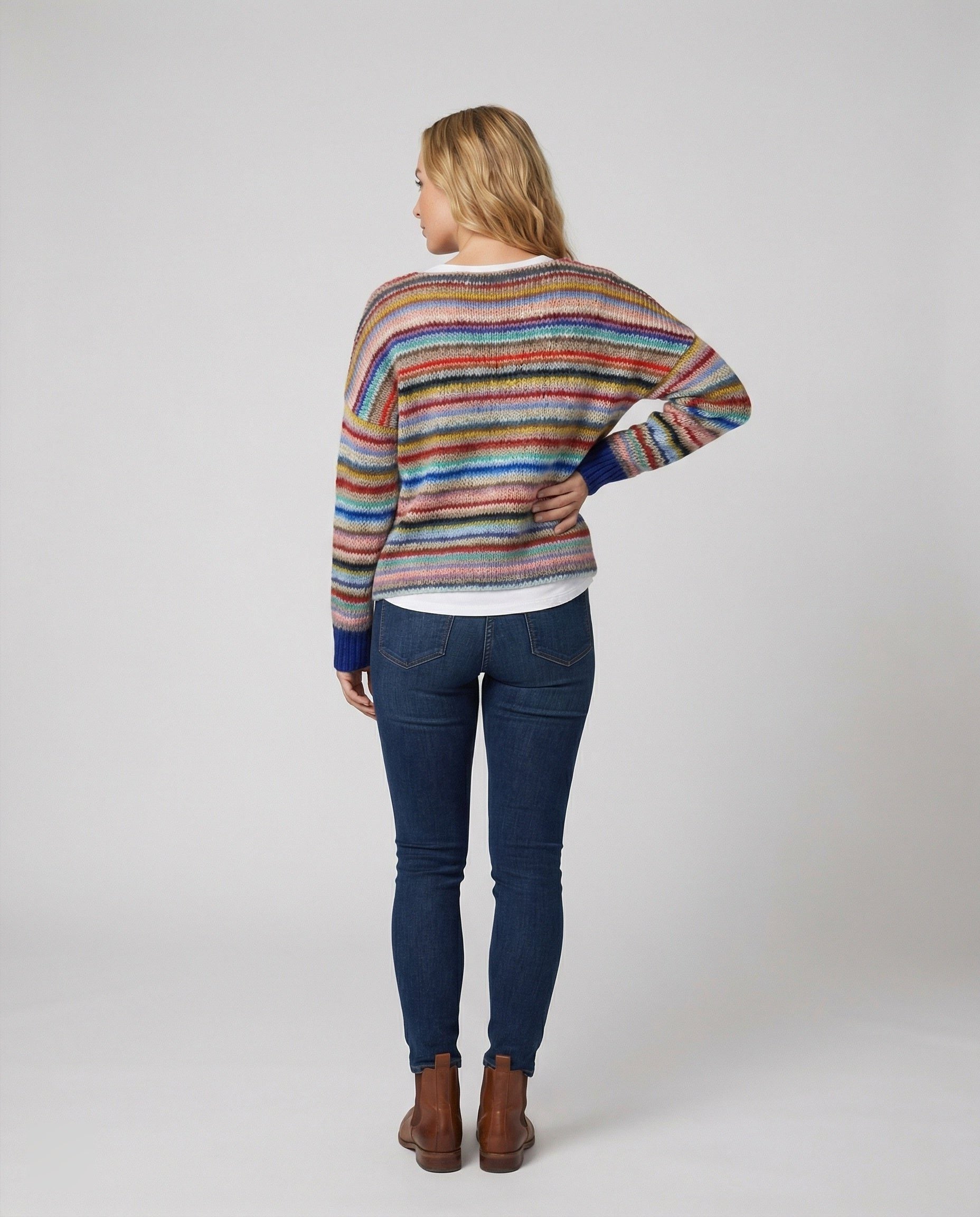 Multicolor Striped Crew Neck Sweater for Women - View 4