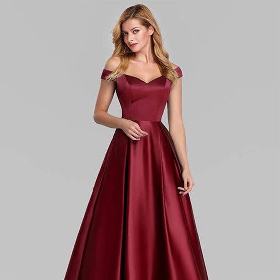 Off-Shoulder A-Line Satin Maxi Dress for Women - Red