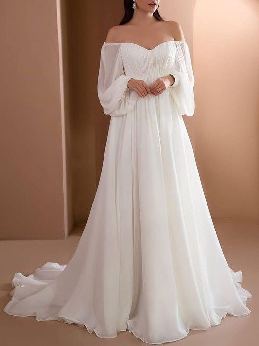 Off-Shoulder Long Sleeve Maxi Wedding Dress for Women