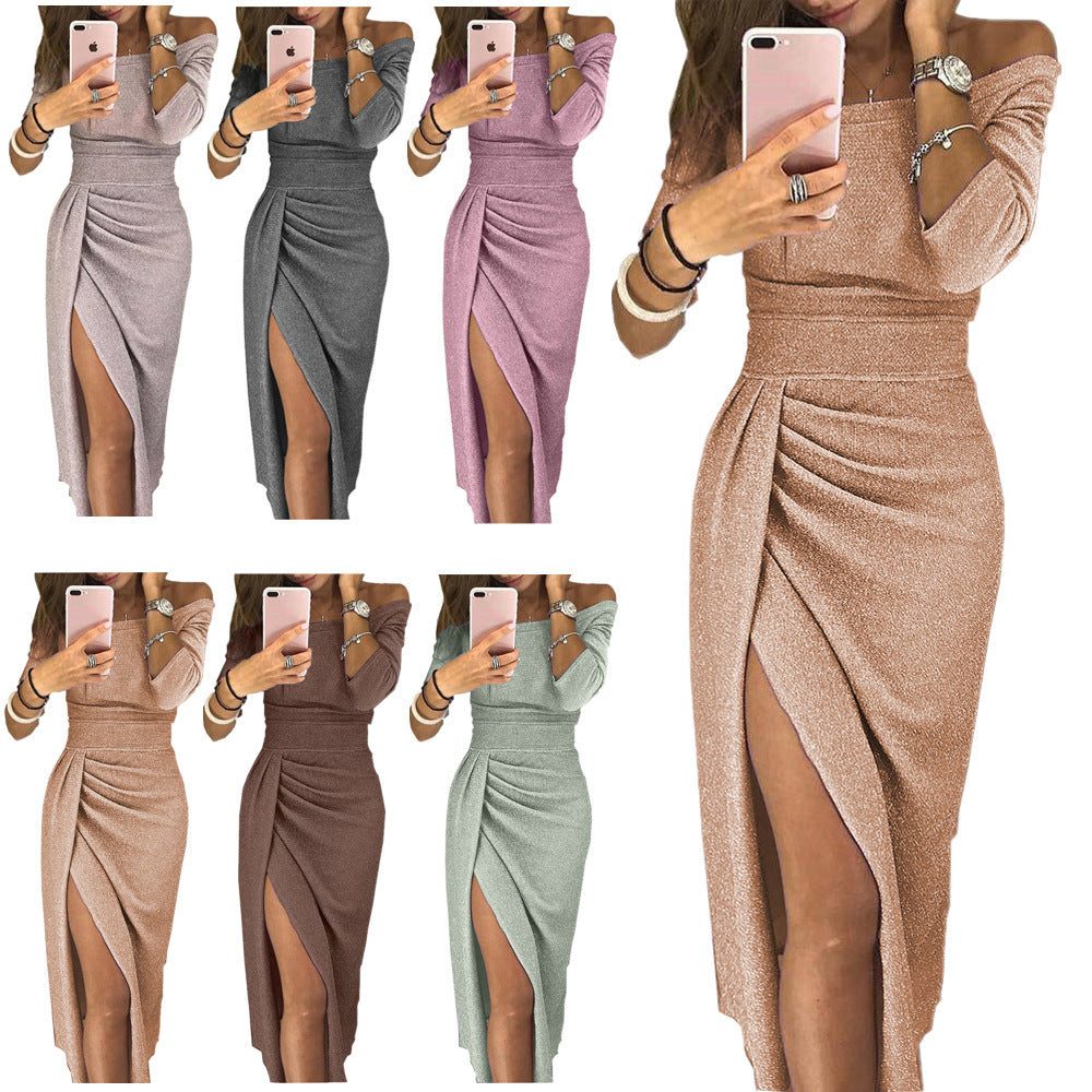 Off-Shoulder Midi Dress with Ruched Wrap and Leg Split for Women