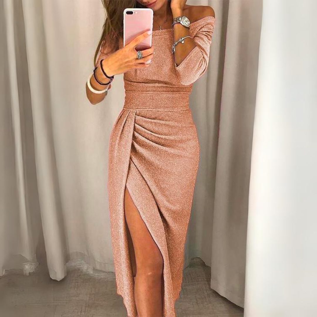 Off-Shoulder Midi Dress with Wrap Skirt for Women