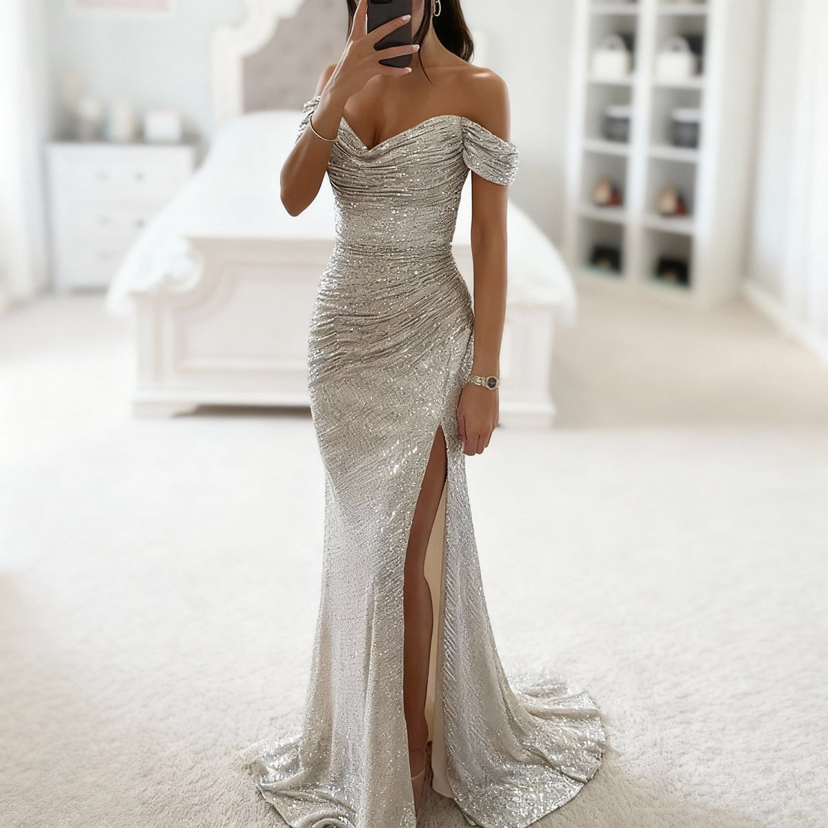 Off-Shoulder Sequin Maxi Dress for Women - Silver