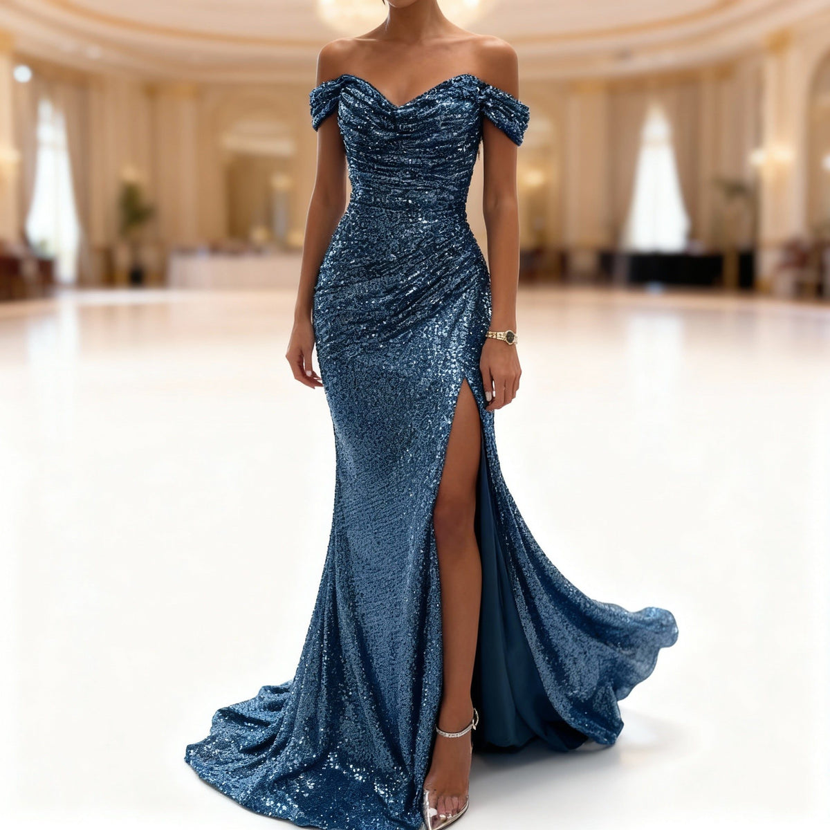Off-Shoulder Sequin Maxi Dress for Women - Peacock Blue