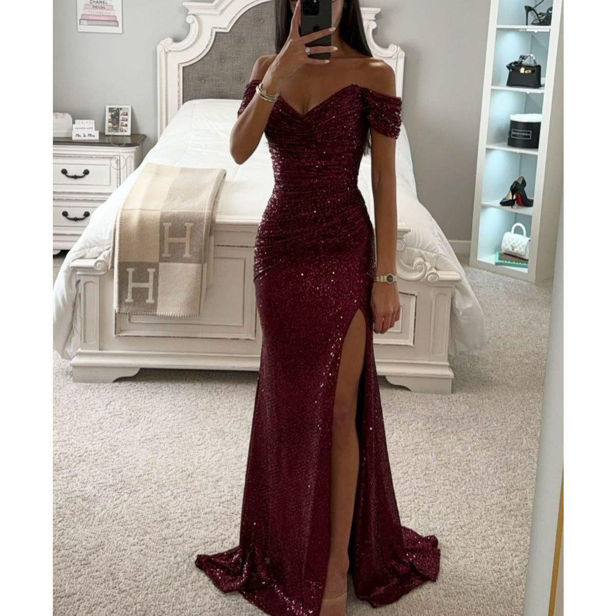 Off-Shoulder Sequin Maxi Dress with Slit for Women - Burgundy